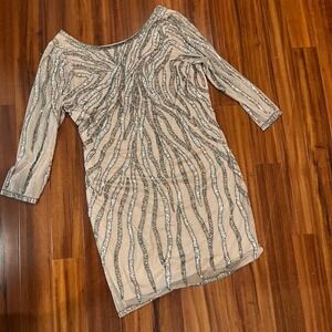 JKARA‎ Beaded Cocktail Dress Blush Beige Pink Sequin Embellished Mini Party 14